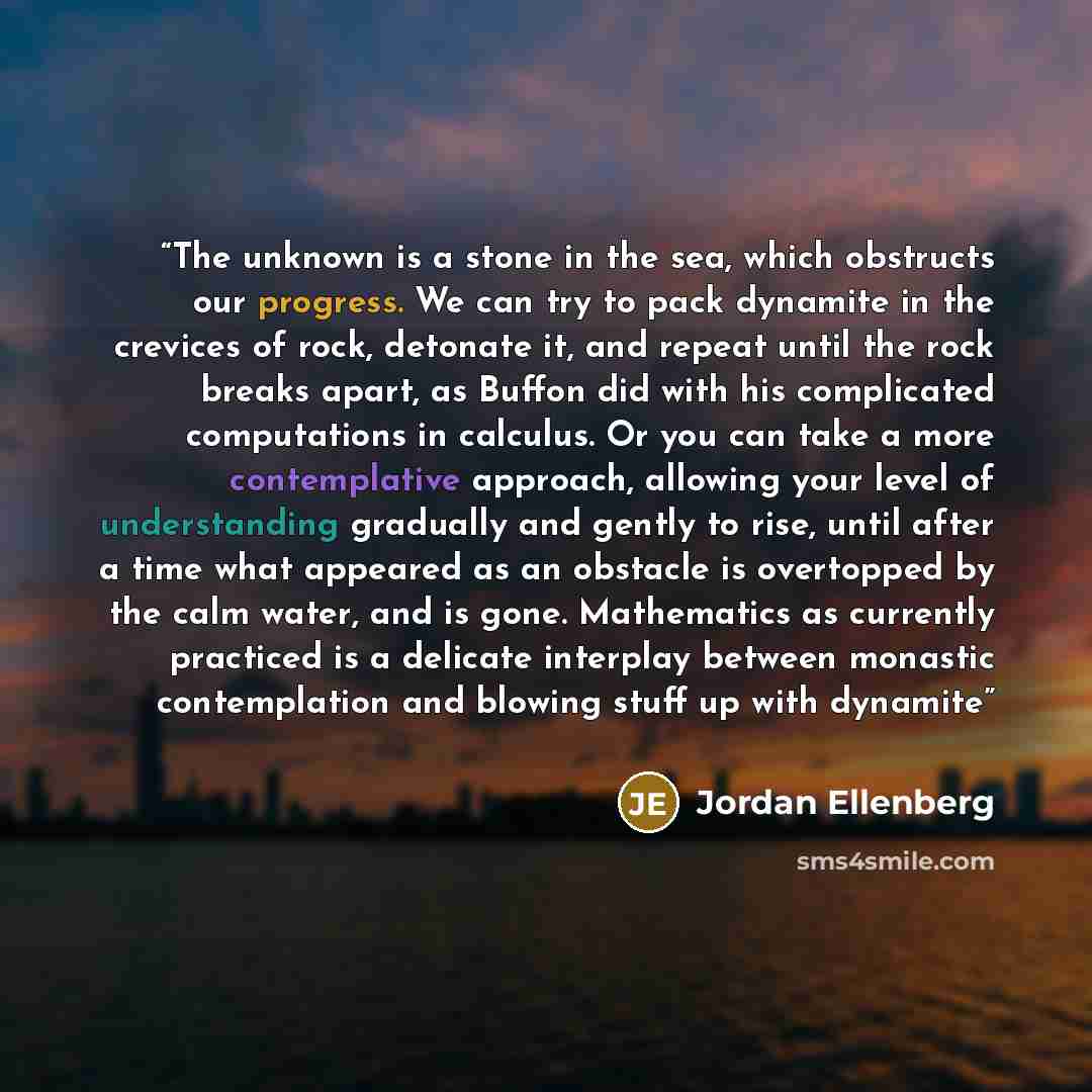 “The unknown is a stone in the sea, which obstructs our progress. We can try to pack dynamite in the crevices of rock, detonate it, and repeat until the rock breaks apart, as Buffon did with his complicated computations in calculus. Or you can take a more contemplative approach, allowing your level…” quote by Jordan Ellenberg
