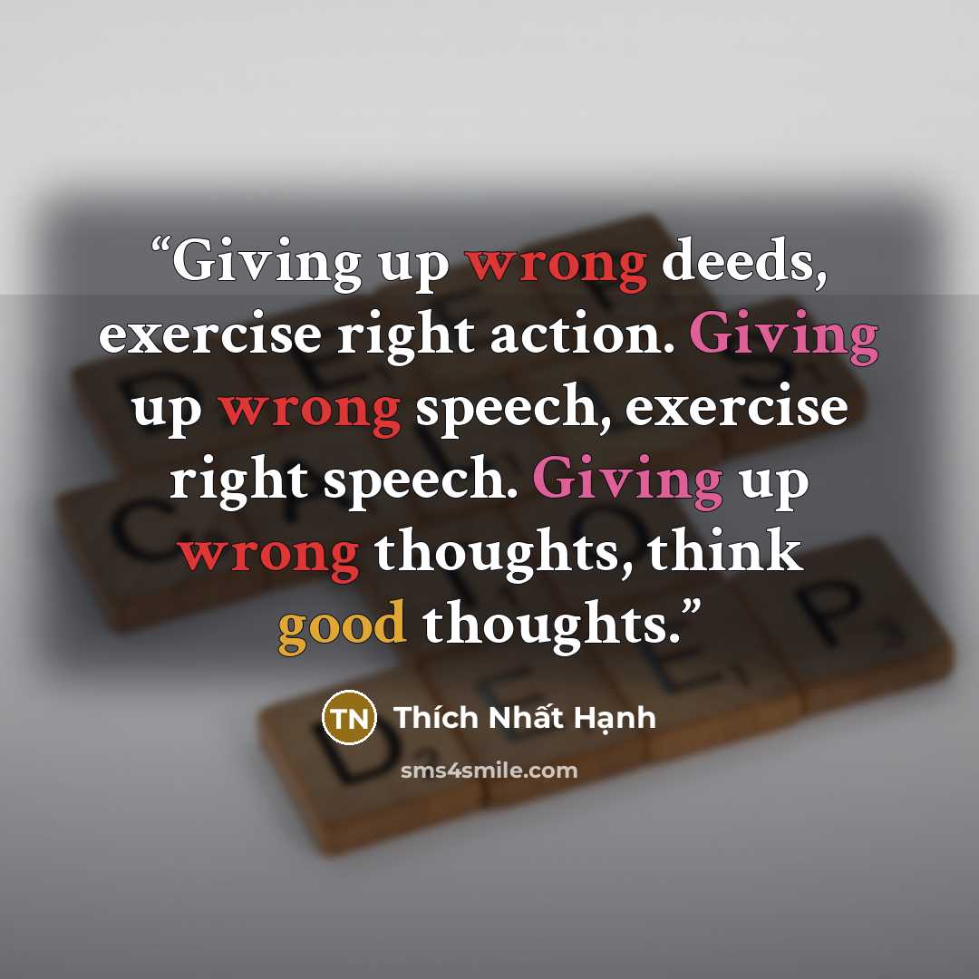 “Giving up wrong deeds, exercise right action. Giving up wrong speech, exercise right speech. Giving up wrong thoughts, think good thoughts.” quote by Thích Nhất Hạnh
