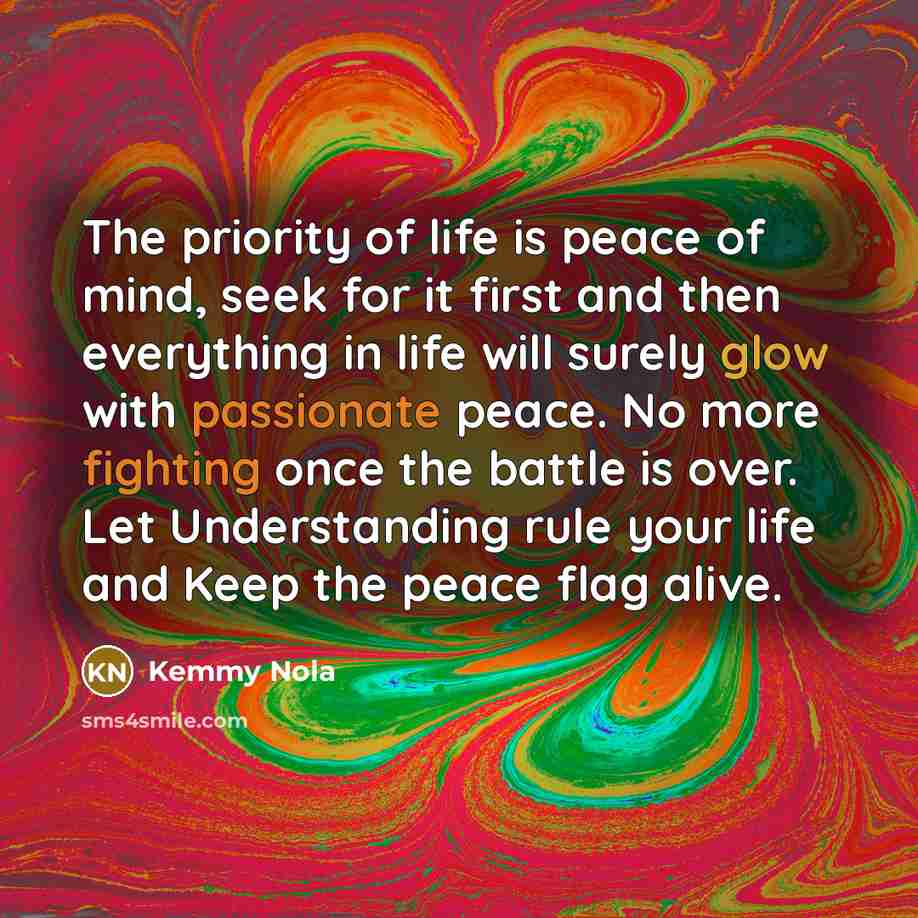 “The priority of life is peace of mind, seek for…” quote by Kemmy Nola