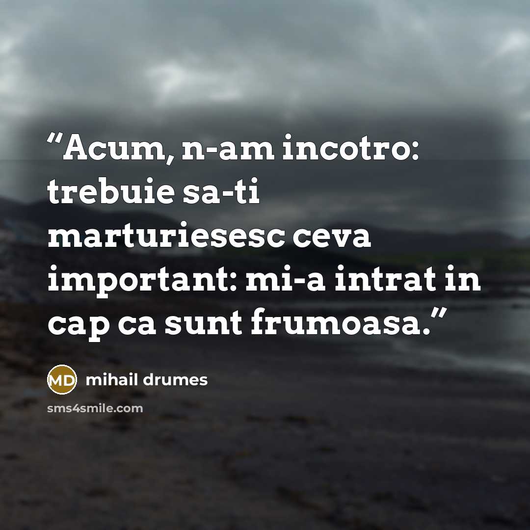 “Acum, n-am incotro: trebuie sa-ti marturiesesc ceva important: mi-a intrat in cap ca sunt frumoasa.” quote by Mihail Drumeş