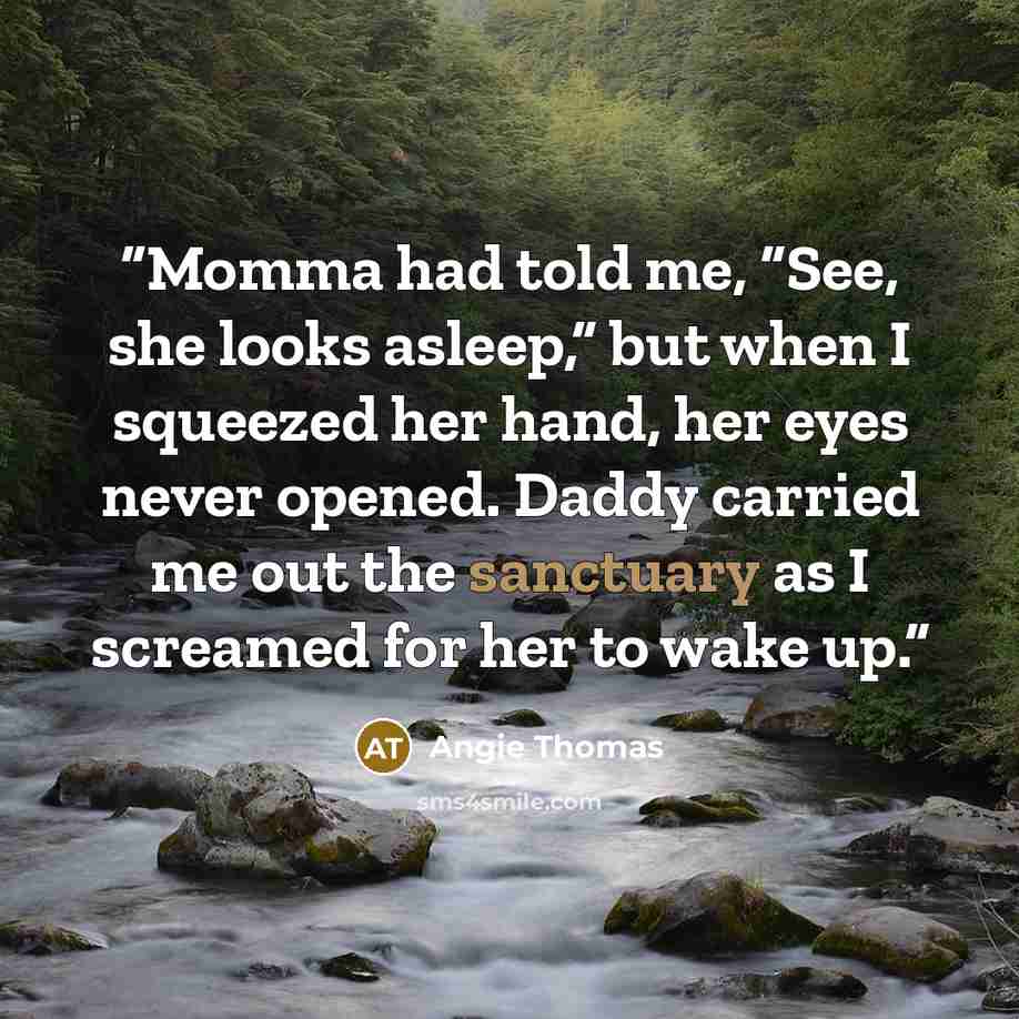 “Momma had told me, “See, she looks asleep,” but when I squeezed her hand, her eyes never opened. Daddy carried me out the sanctuary as I screamed for her to wake up.” quote by Angie Thomas