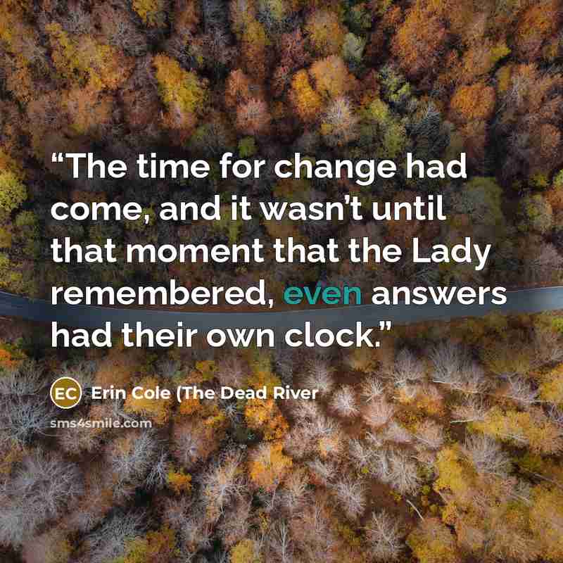 “The time for change had come, and it wasn’t until that moment that the Lady remembered, even answers had their own clock.” quote by Erin Cole (The Dead River