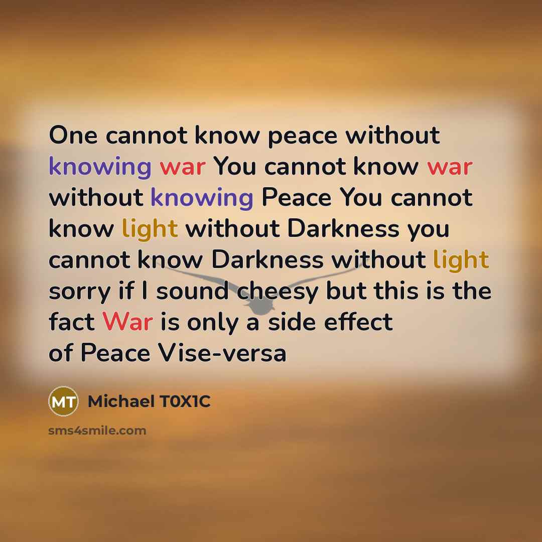 “One cannot know peace without knowing war You cannot know war without knowing Peace You cannot know light without Darkness you cannot know Darkness without light sorry if I sound cheesy but this is the fact War is only a side effect of Peace Vise-versa” quote by Michael T0X1C