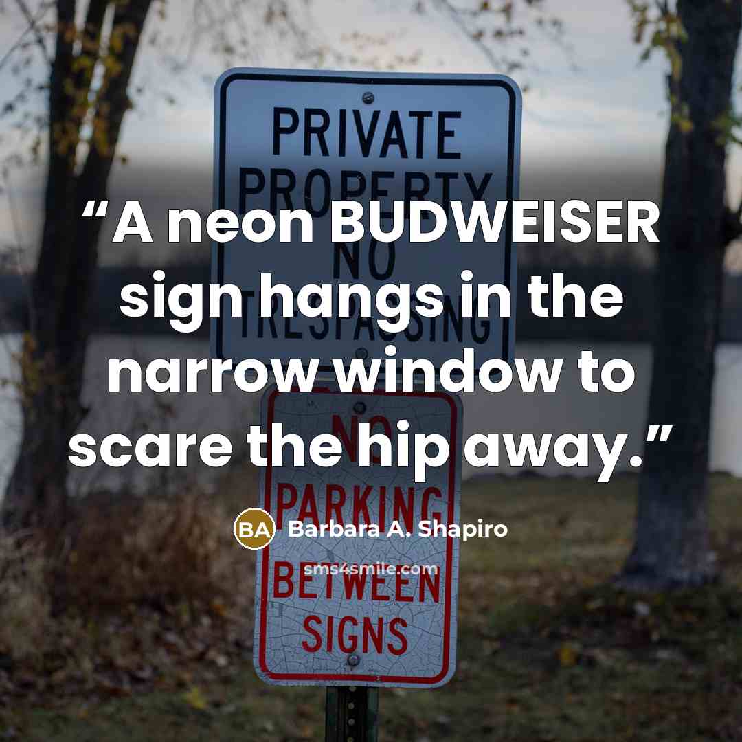 “A neon BUDWEISER sign hangs in the narrow window to scare the hip away.” quote by Barbara A. Shapiro