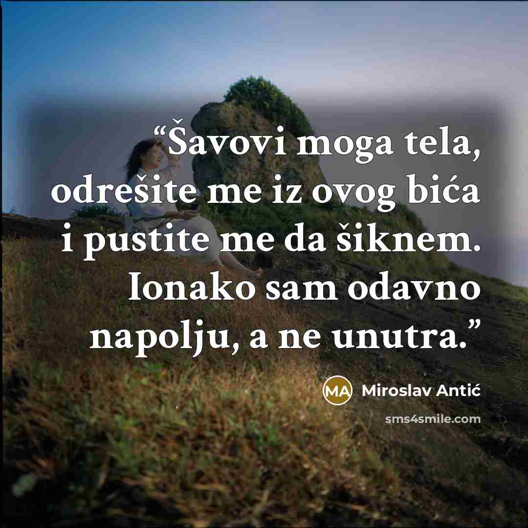 “Šavovi moga tela, odrešite me iz ovog bića i pustite me da šiknem. Ionako sam odavno napolju, a ne unutra.” quote by Miroslav Antić
