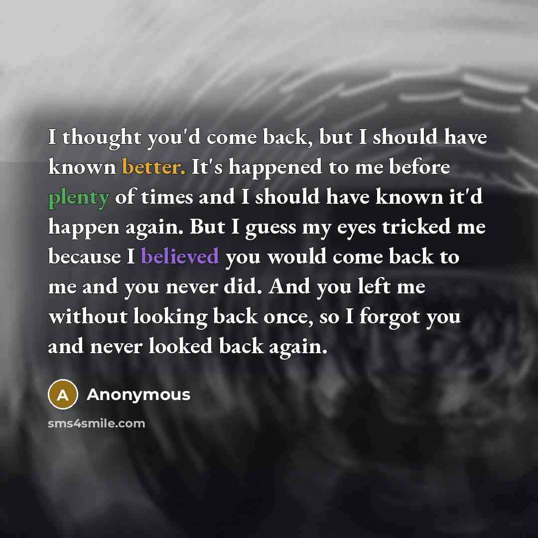 “I thought you'd come back, but I should have known better. It's happened to me before plenty of times and I should have known it'd happen again. But I guess my eyes tricked me because I believed you would come back to me and you never did. And you left me without looking back once, so I forgot you…” quote by Anonymous