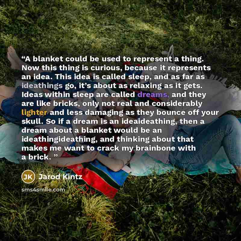 “A blanket could be used to represent a thing. Now this thing is curious, because it represents an idea. This idea is called sleep, and as far as ideathings go, it’s about as relaxing as it gets. Ideas within sleep are called dreams, and they are like bricks, only not real and considerably lighter…” quote by Jarod Kintz