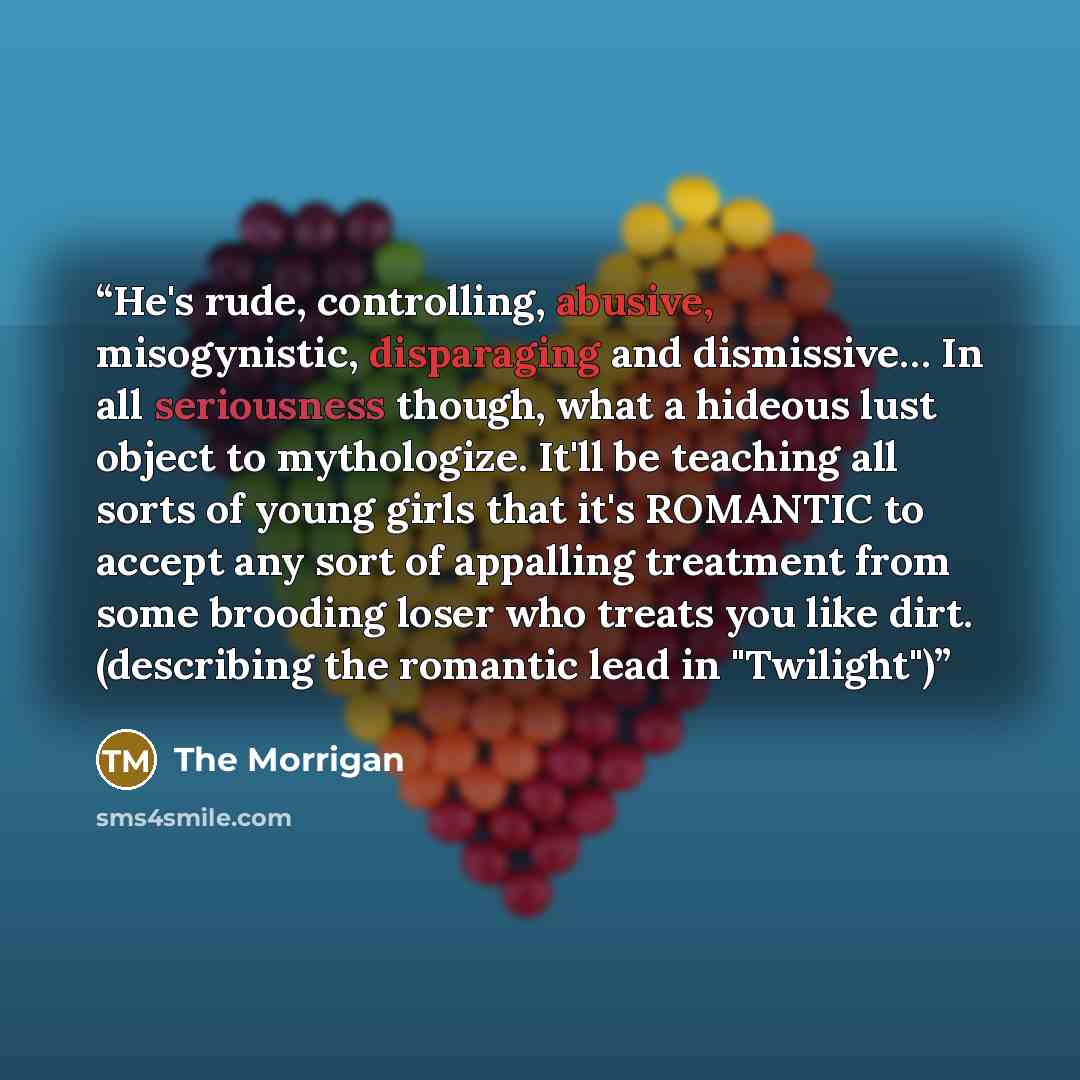 “He's rude, controlling, abusive, misogynistic, disparaging and dismissive… In all seriousness though, what a hideous lust object to mythologize. It'll be teaching all sorts of young girls that it's ROMANTIC to accept any sort of appalling treatment from some brooding loser who treats you like…” quote by The Morrigan