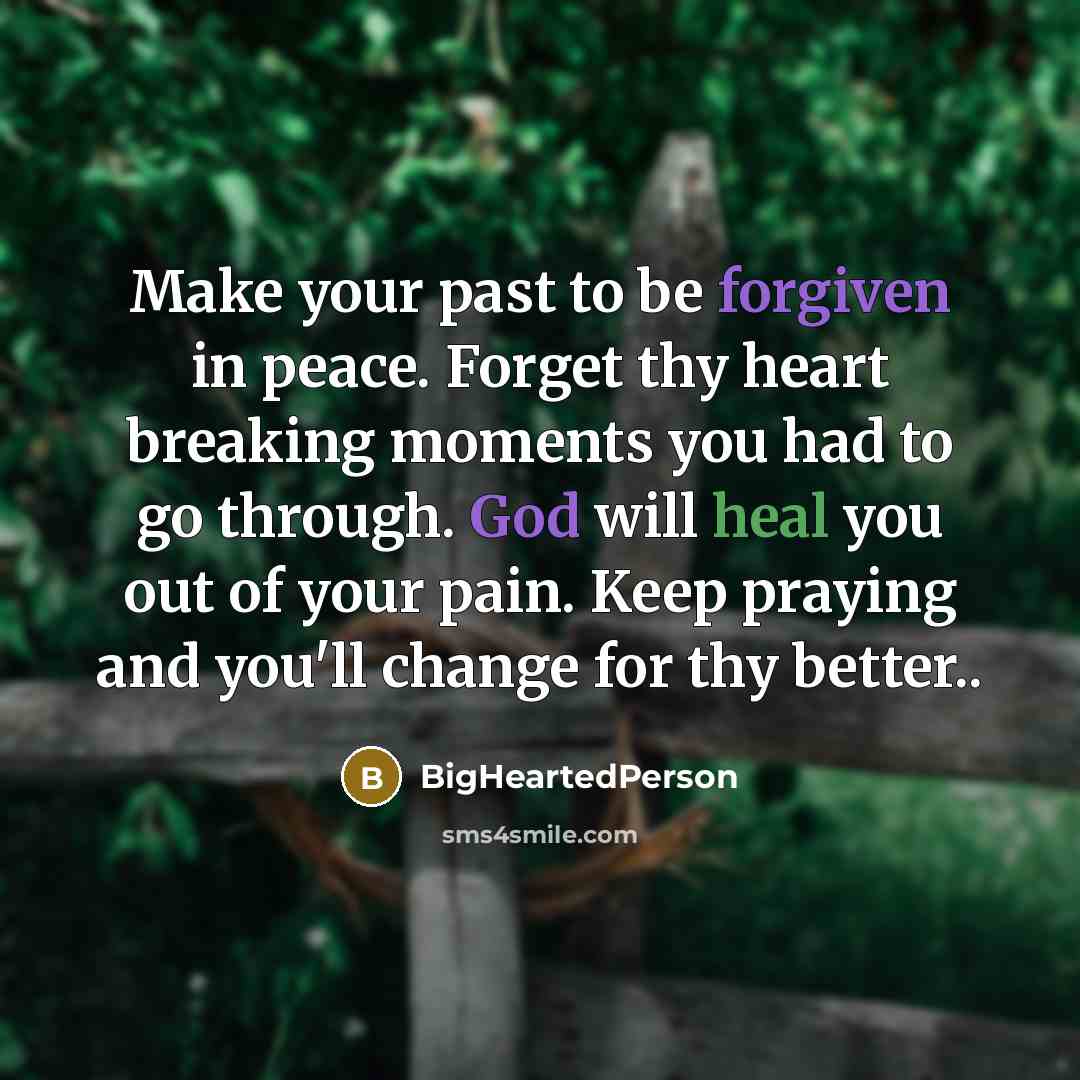 “Make your past to be forgiven in peace. Forget thy heart breaking moments you had to go through. God will heal you out of your pain. Keep praying and you'll change for thy better..” quote by BigHeartedPerson