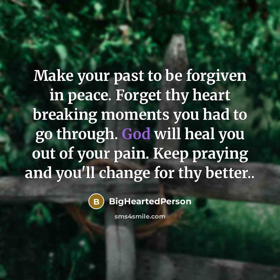 “Make your past to be forgiven in peace. Forget thy heart breaking moments you had to go through. God will heal you out of your pain. Keep praying and you'll change for thy better..” quote by BigHeartedPerson
