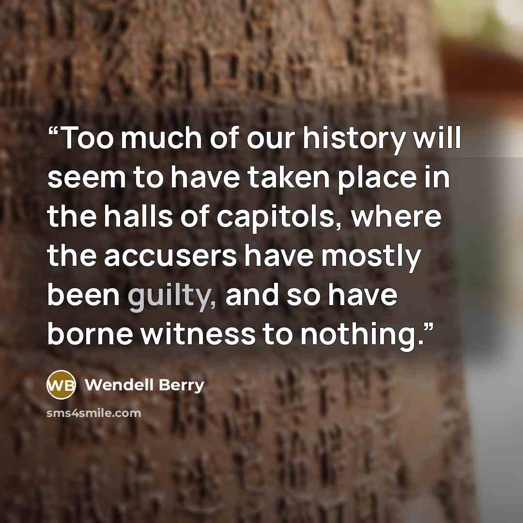 “Too much of our history will seem to have taken place in the halls of capitols, where the accusers have mostly been guilty, and so have borne witness to nothing.” quote by Wendell Berry
