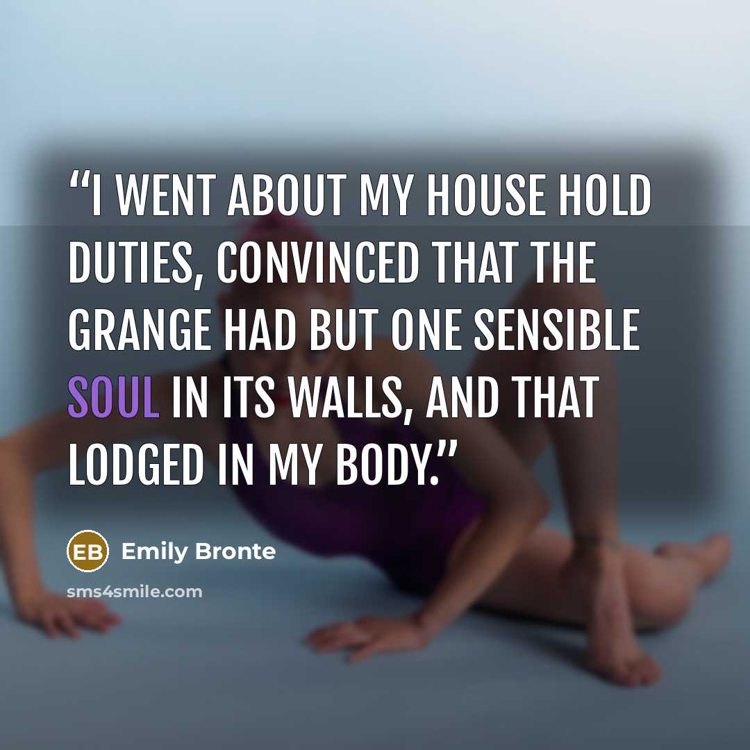 “I went about my house hold duties, convinced that the Grange had but one sensible soul in its walls, and that lodged in my body.” quote by Emily Bronte