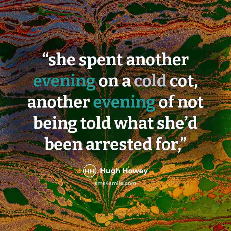 “she spent another evening on a cold cot, another evening of not being told what she’d been arrested for,” quote by Hugh Howey