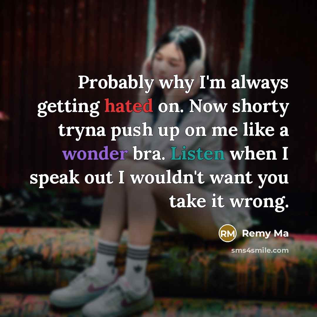 “Probably why I'm always getting hated on. Now shorty tryna push up on me like a wonder bra. Listen when I speak out I wouldn't want you take it wrong.” quote by Remy Ma