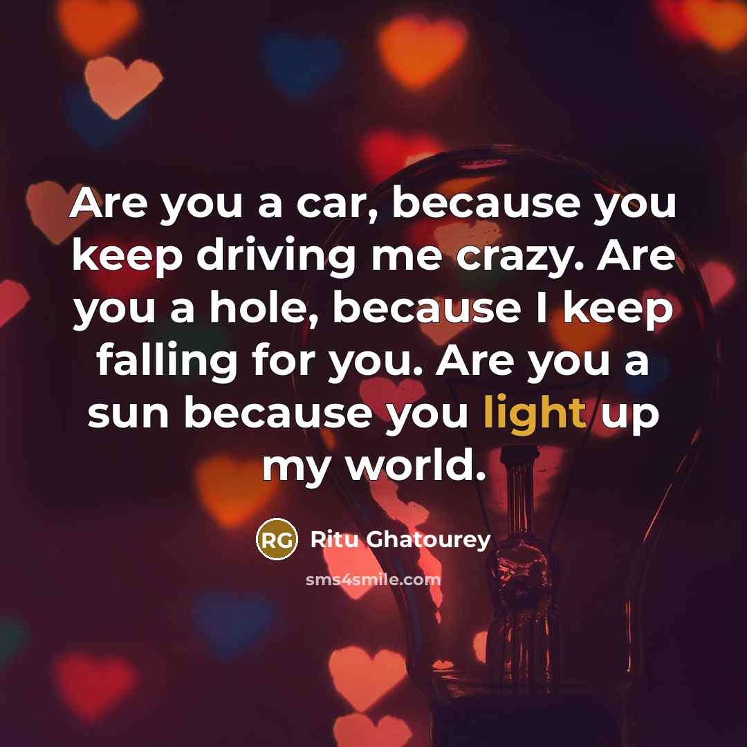 “Are you a car, because you keep driving me crazy. Are you a hole, because I keep falling for you. Are you a sun because you light up my world.” quote by Ritu Ghatourey