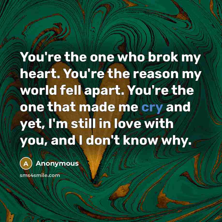 “You're the one who brok my heart. You're the reason…” quote by Anonymous