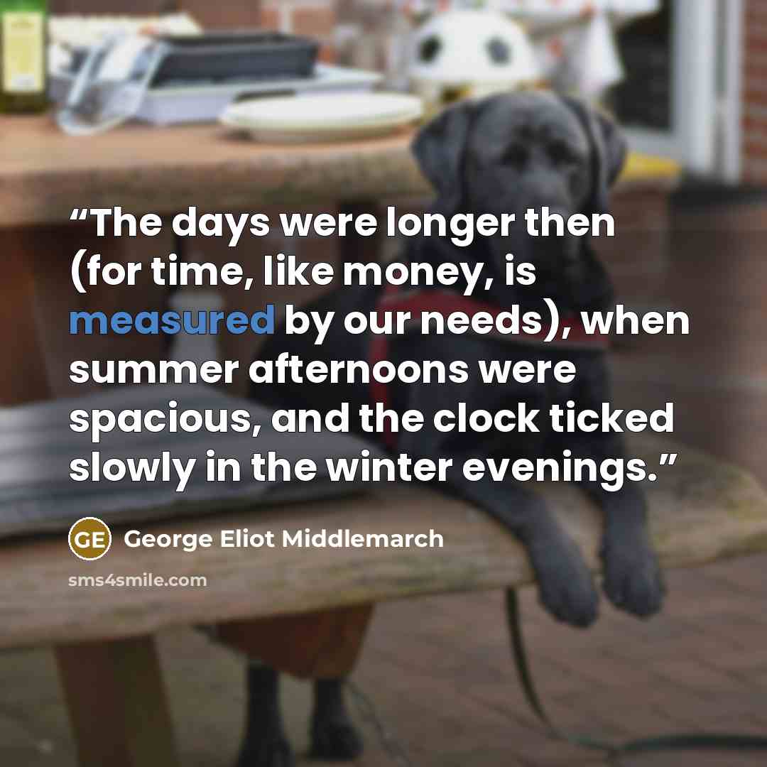 “The days were longer then (for time, like money, is measured by our needs), when summer afternoons were spacious, and the clock ticked slowly in the winter evenings.” quote by George Eliot Middlemarch