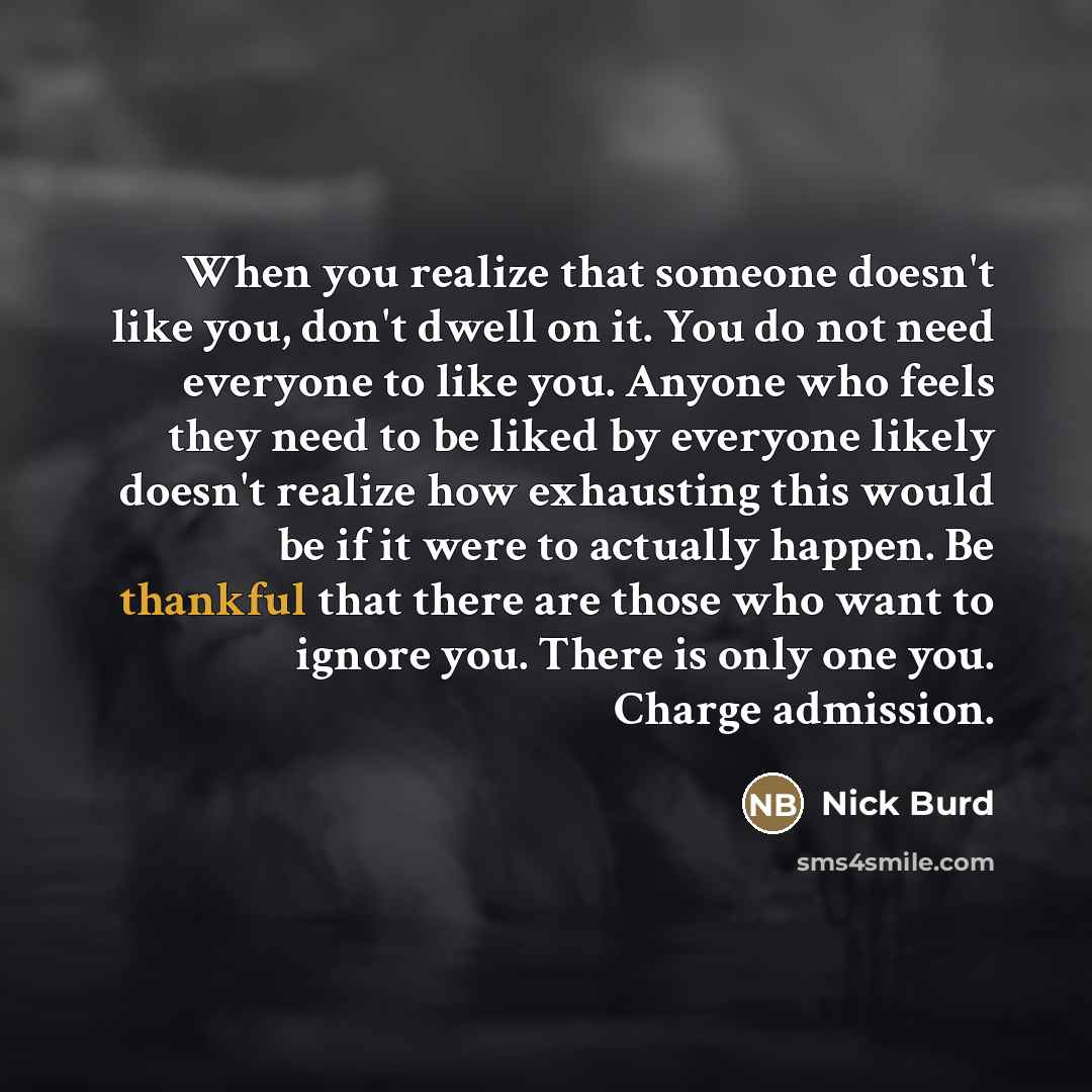 “When you realize that someone doesn't like you, don't dwell…” quote by Nick Burd