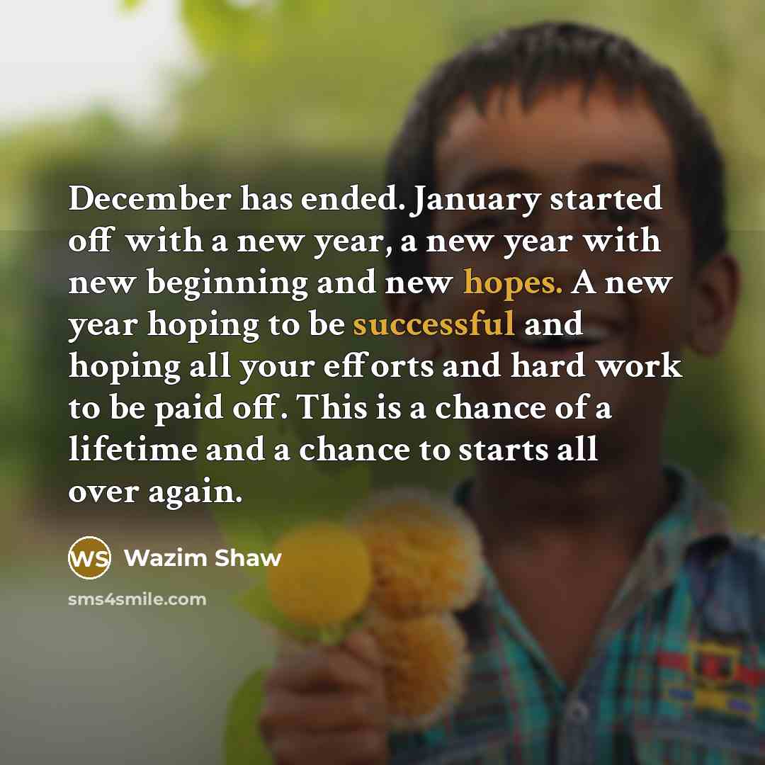 “December has ended. January started off with a new year, a new year with new beginning and new hopes. A new year hoping to be successful and hoping all your efforts and hard work to be paid off. This is a chance of a lifetime and a chance to starts all over again.” quote by Wazim Shaw