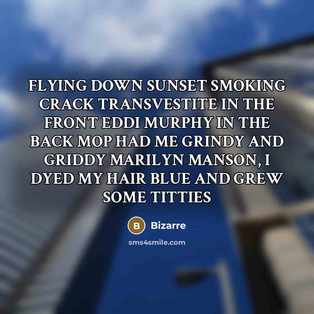 “FLYING DOWN SUNSET SMOKING CRACK TRANSVESTITE IN THE FRONT EDDI MURPHY IN THE BACK MOP HAD ME GRINDY AND GRIDDY MARILYN MANSON, I DYED MY HAIR BLUE AND GREW SOME TITTIES” quote by Bizarre