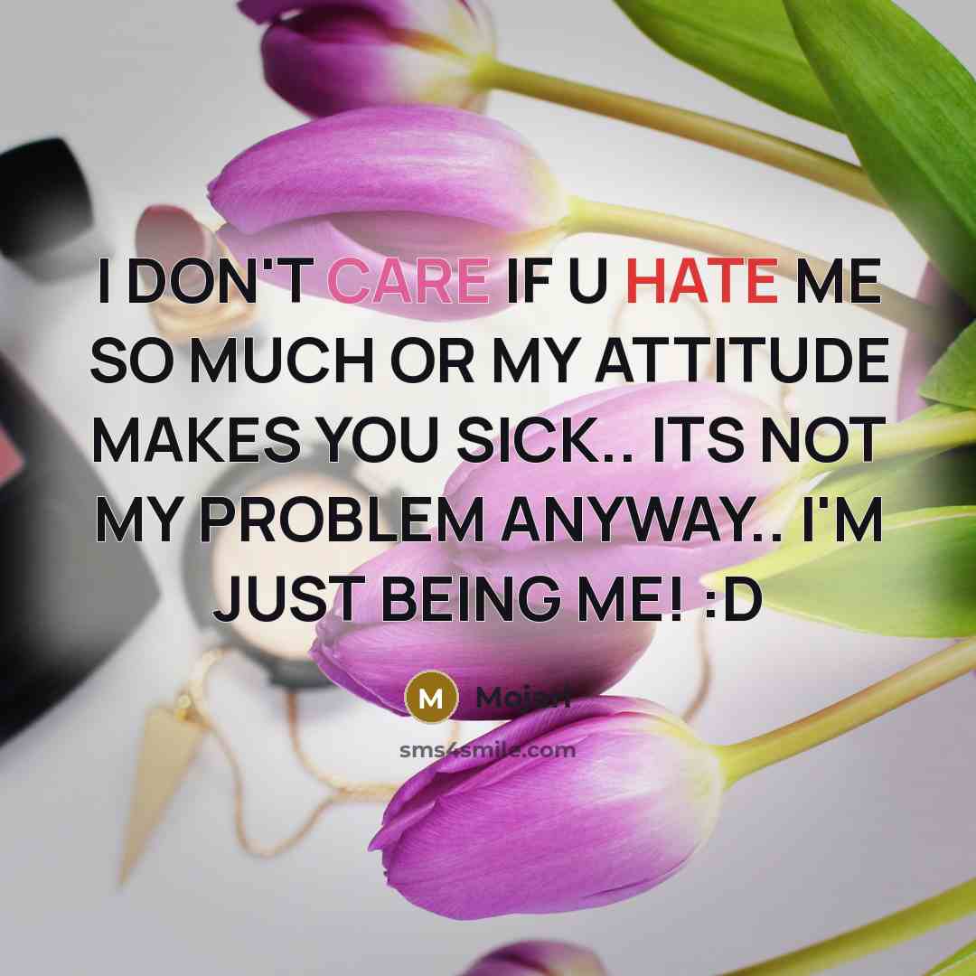 “I DON'T CARE IF U HATE ME SO MUCH OR MY ATTITUDE MAKES YOU SICK.. ITS NOT MY PROBLEM ANYWAY.. I'M JUST BEING ME! :D” quote by Mojari