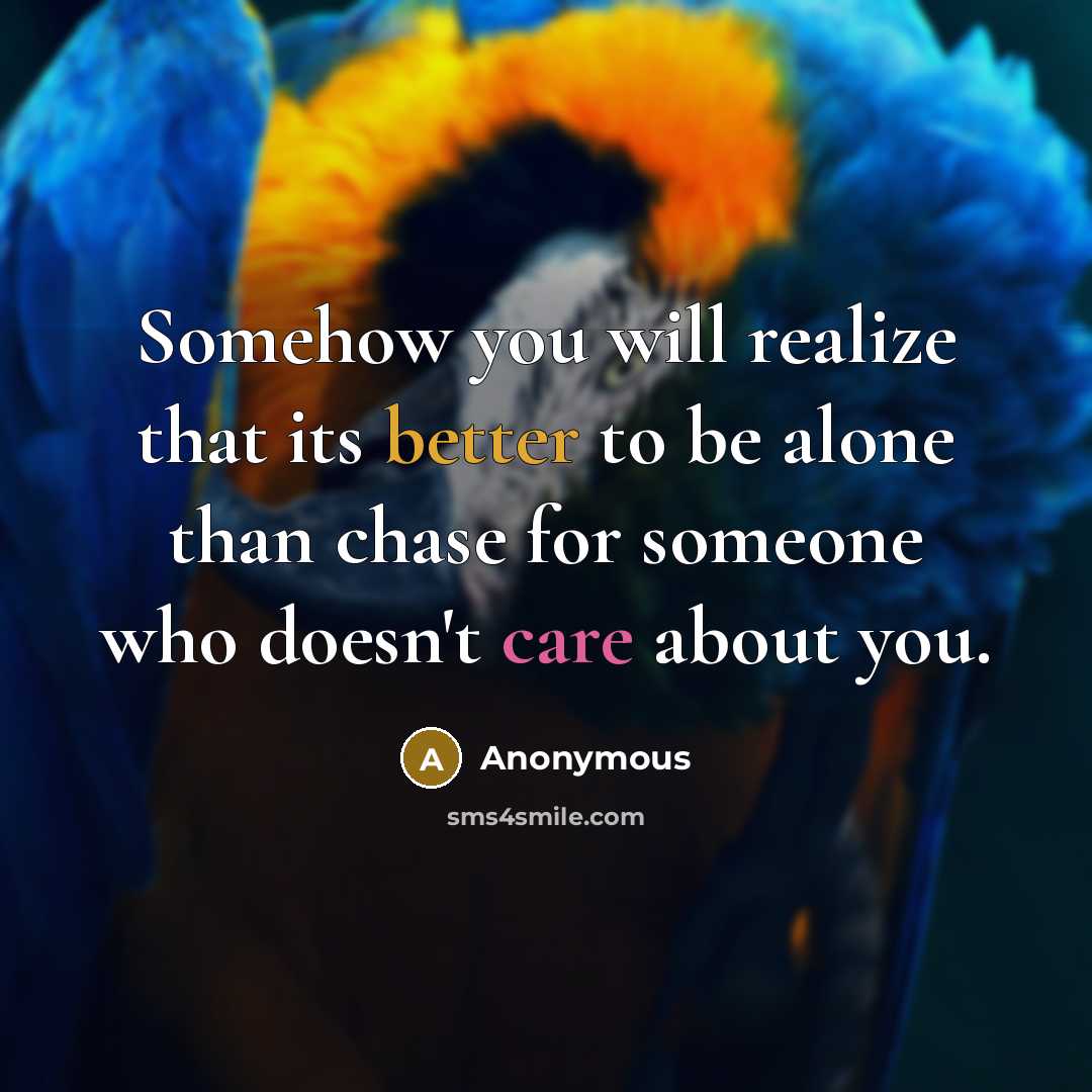“Somehow you will realize that its better to be alone than chase for someone who doesn't care about you.” quote by Anonymous