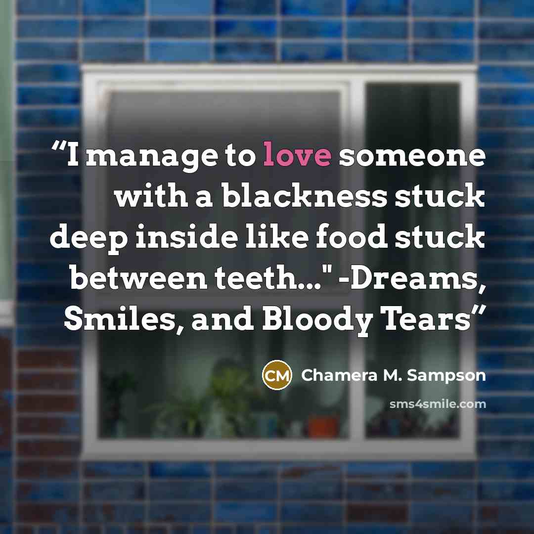 “I manage to love someone with a blackness stuck deep inside like food stuck between teeth..." -Dreams, Smiles, and Bloody Tears” quote by Chamera M. Sampson