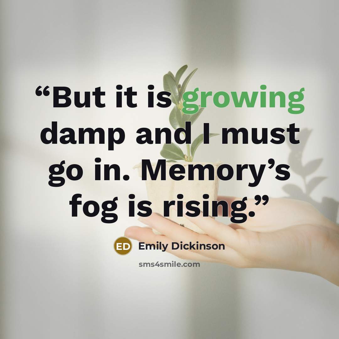 “But it is growing damp and I must go in. Memory’s fog is rising.” quote by Emily Dickinson