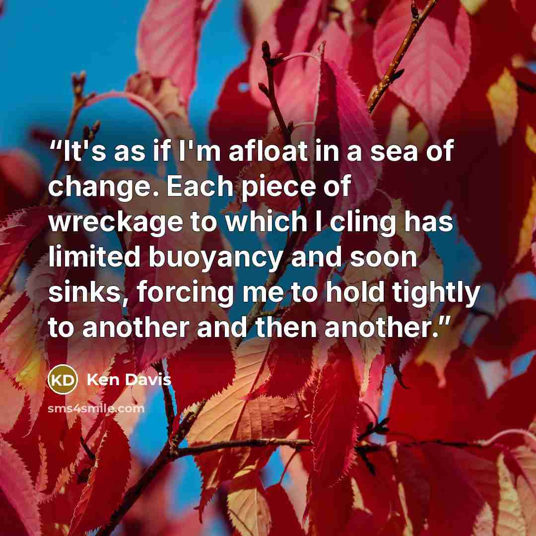 “It's as if I'm afloat in a sea of change. Each piece of wreckage to which I cling has limited buoyancy and soon sinks, forcing me to hold tightly to another and then another.” quote by Ken Davis