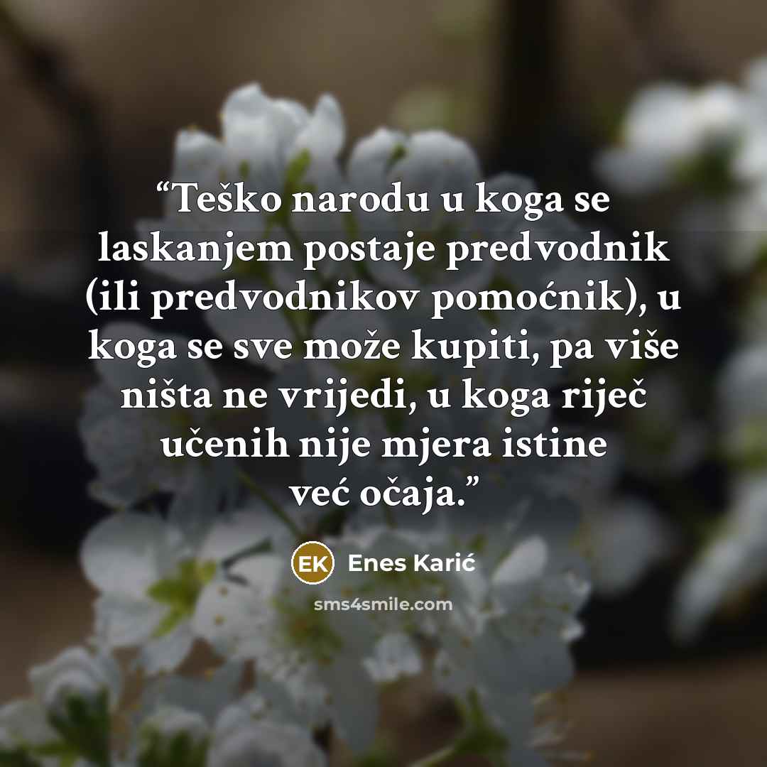 “Teško narodu u koga se laskanjem postaje predvodnik (ili predvodnikov pomoćnik), u koga se sve može kupiti, pa više ništa ne vrijedi, u koga riječ učenih nije mjera istine već očaja.” quote by Enes Karić