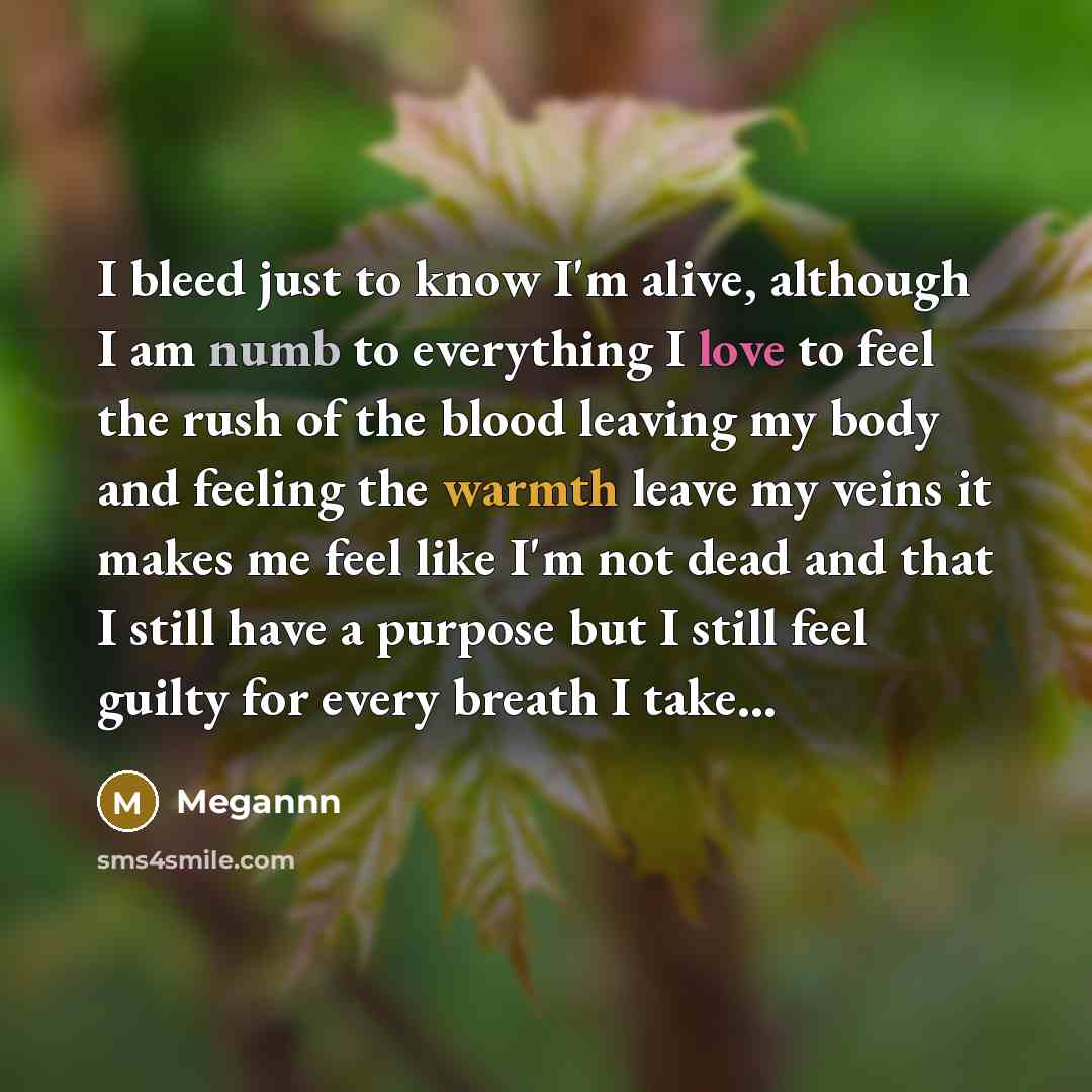 “I bleed just to know I'm alive, although I am numb to everything I love to feel the rush of the blood leaving my body and feeling the warmth leave my veins it makes me feel like I'm not dead and that I still have a purpose but I still feel guilty for every breath I take...” quote by Megannn