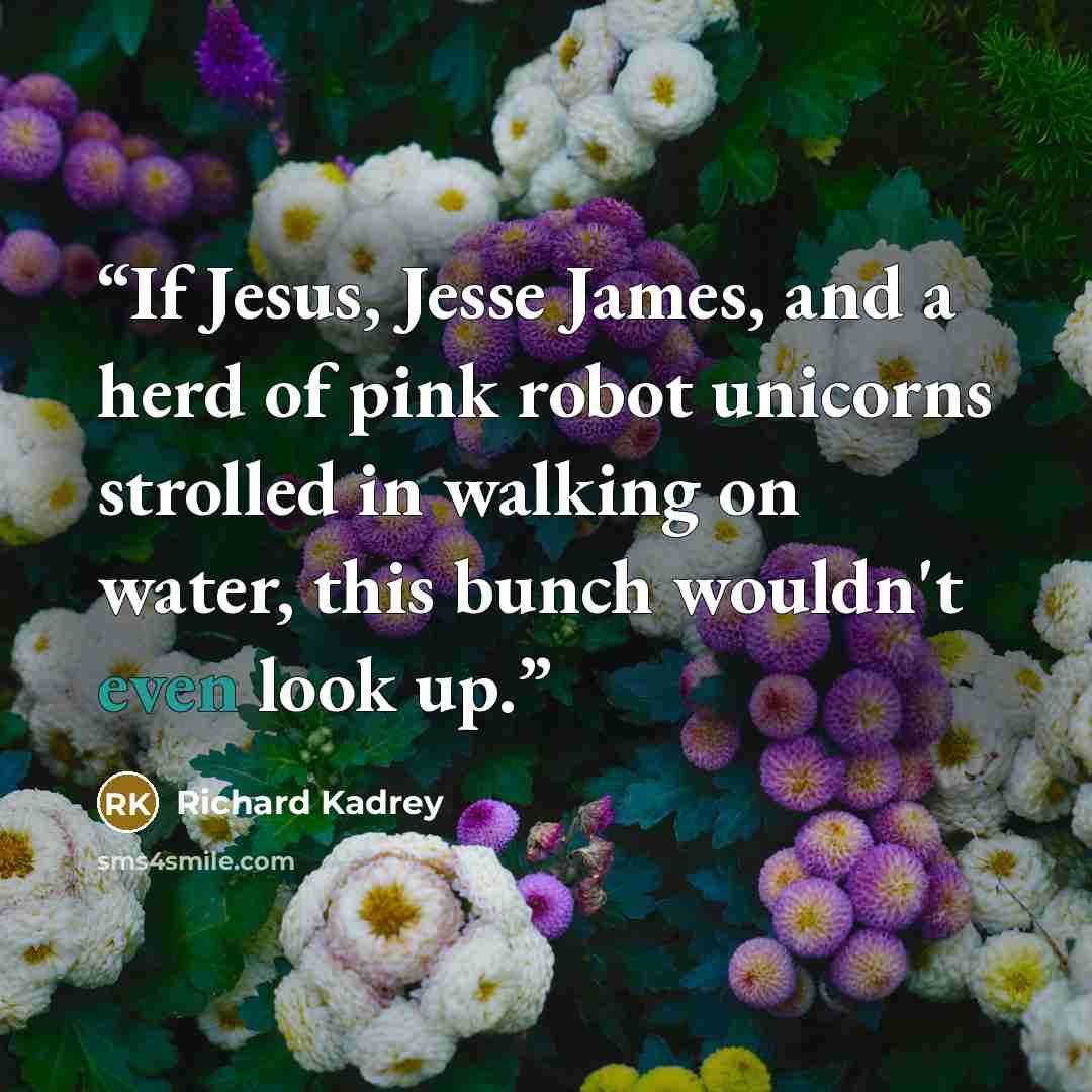 “If Jesus, Jesse James, and a herd of pink robot unicorns strolled in walking on water, this bunch wouldn't even look up.” quote by Richard Kadrey