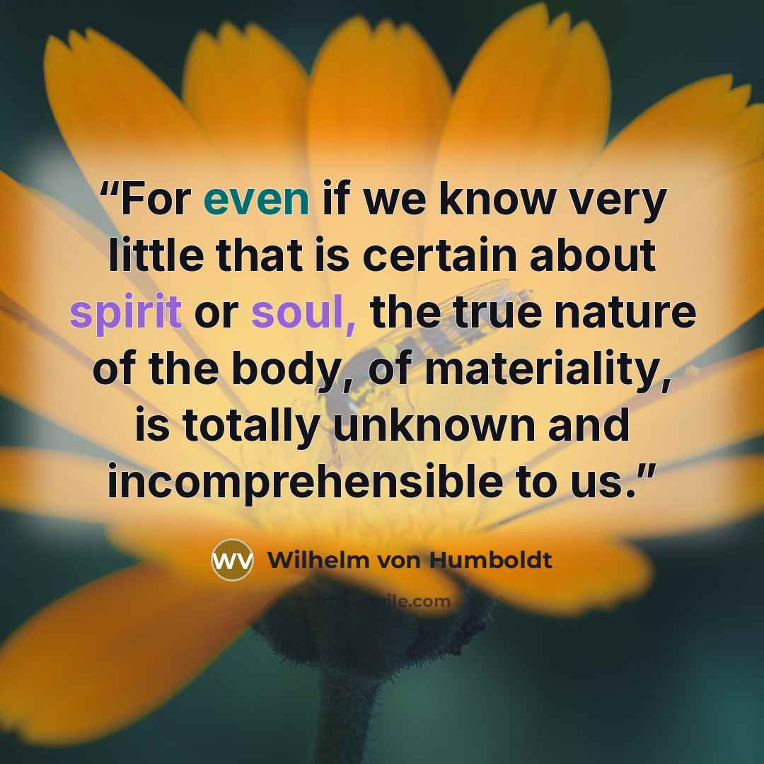 “For even if we know very little that is certain about spirit or soul, the true nature of the body, of materiality, is totally unknown and incomprehensible to us.” quote by Wilhelm Von Humboldt