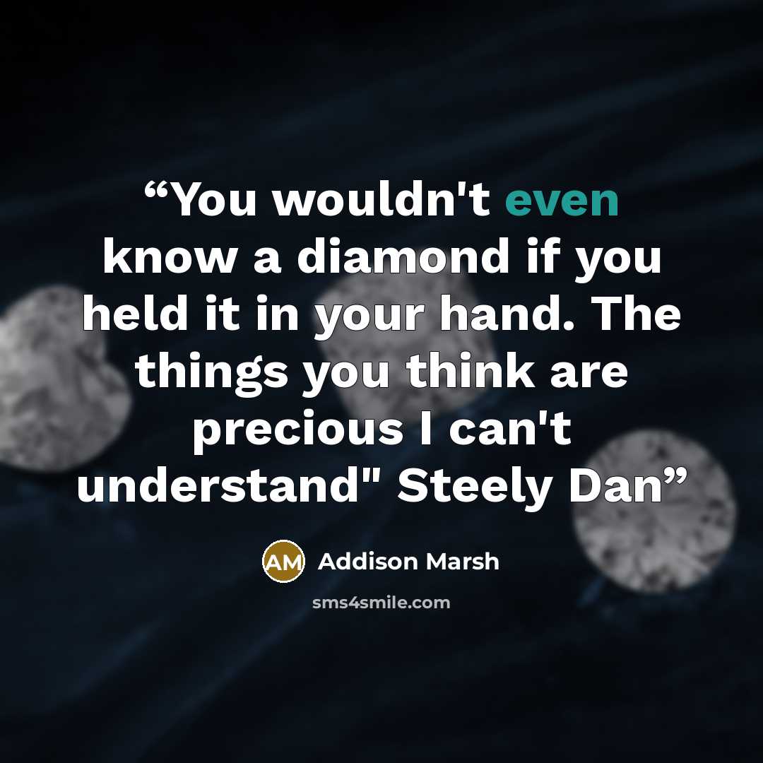 “You wouldn't even know a diamond if you held it in your hand. The things you think are precious I can't understand" Steely Dan” quote by Addison Marsh