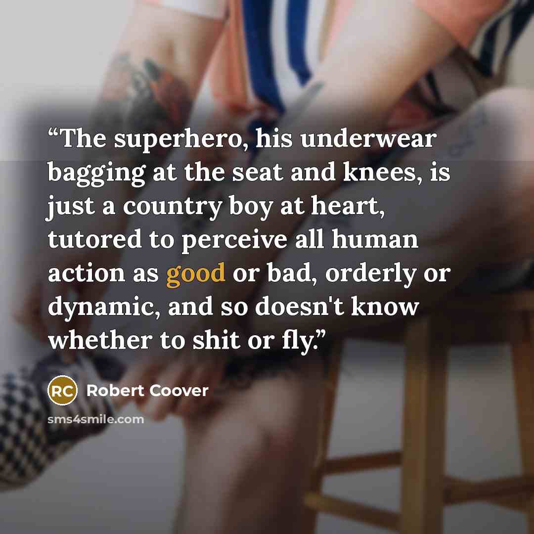 “The superhero, his underwear bagging at the seat and knees, is just a country boy at heart, tutored to perceive all human action as good or bad, orderly or dynamic, and so doesn't know whether to shit or fly.” quote by Robert Coover
