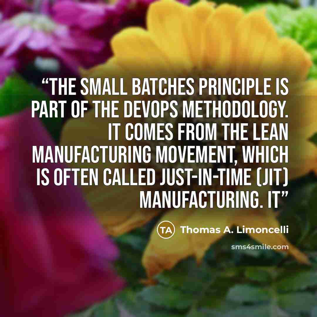 “The small batches principle is part of the DevOps methodology. It comes from the Lean Manufacturing movement, which is often called just-in-time (JIT) manufacturing. It” quote by Thomas A. Limoncelli