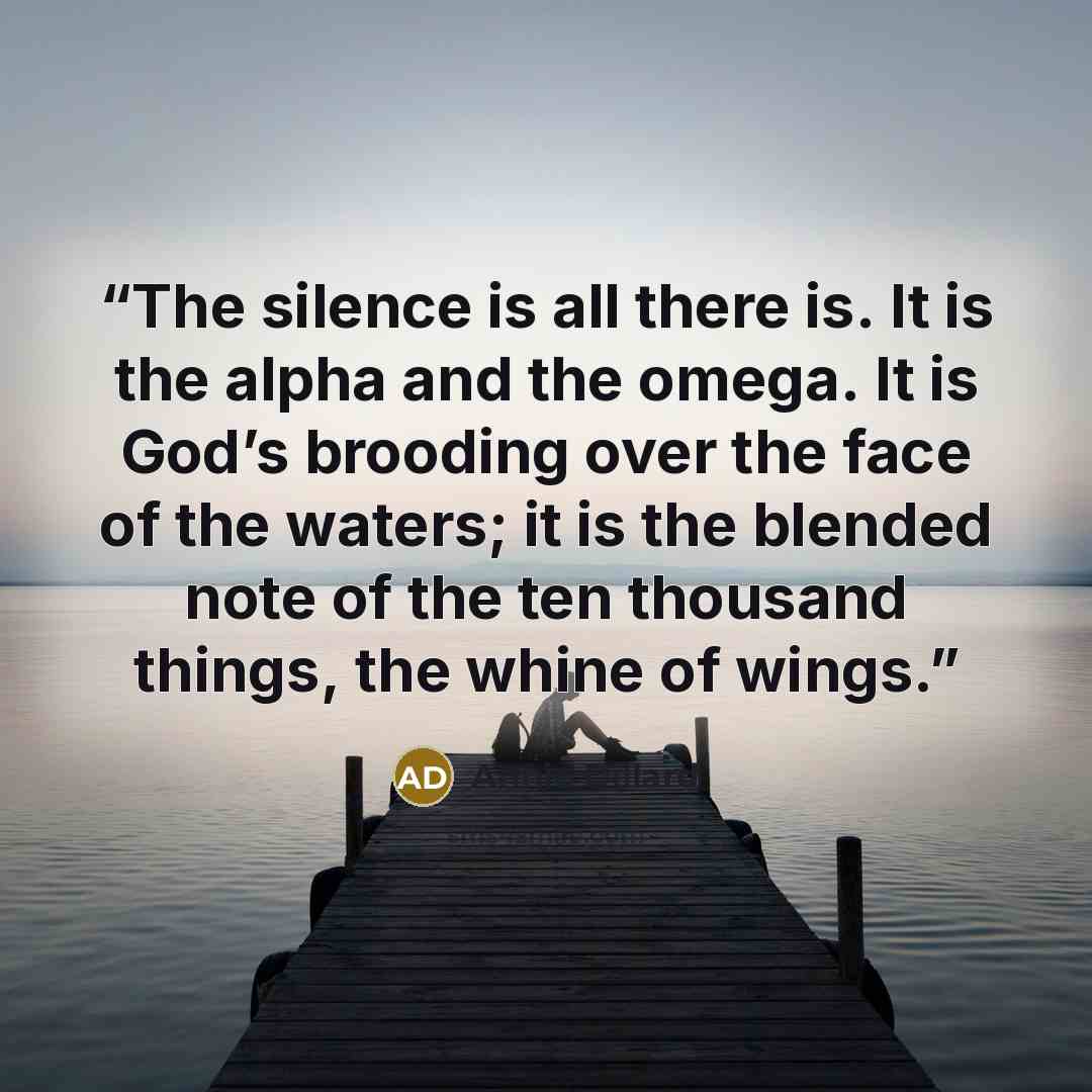 “The silence is all there is. It is the alpha and the omega. It is God’s brooding over the face of the waters; it is the blended note of the ten thousand things, the whine of wings.” quote by Annie Dillard