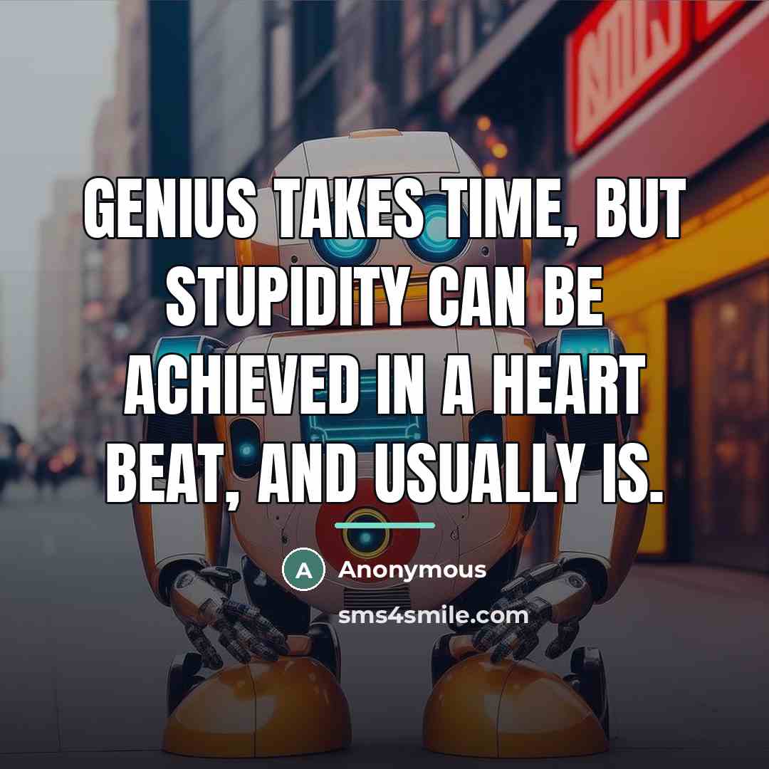 “Genius takes time, but stupidity can be achieved in a…” quote by Anonymous