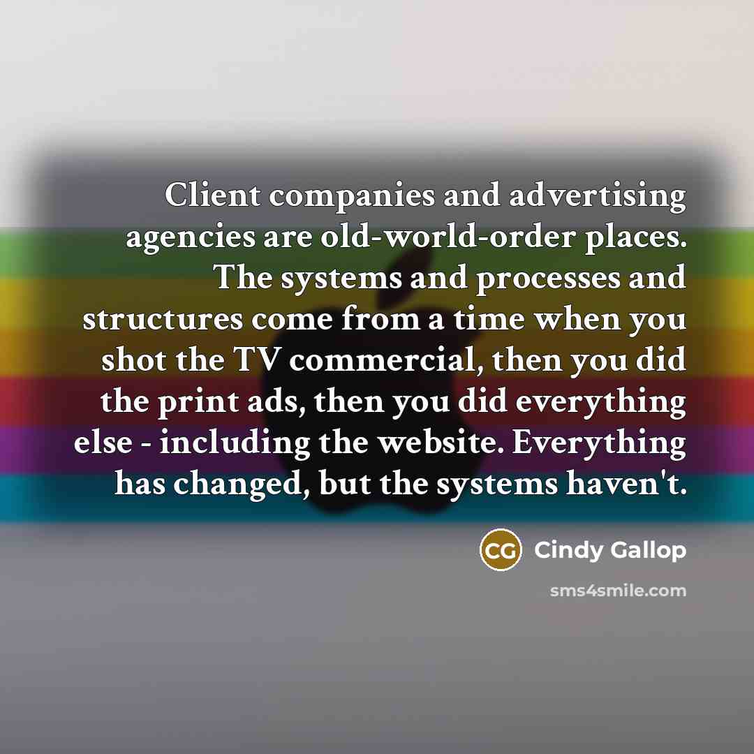 “Client companies and advertising agencies are old-world-order places. The systems…” quote by Cindy Gallop