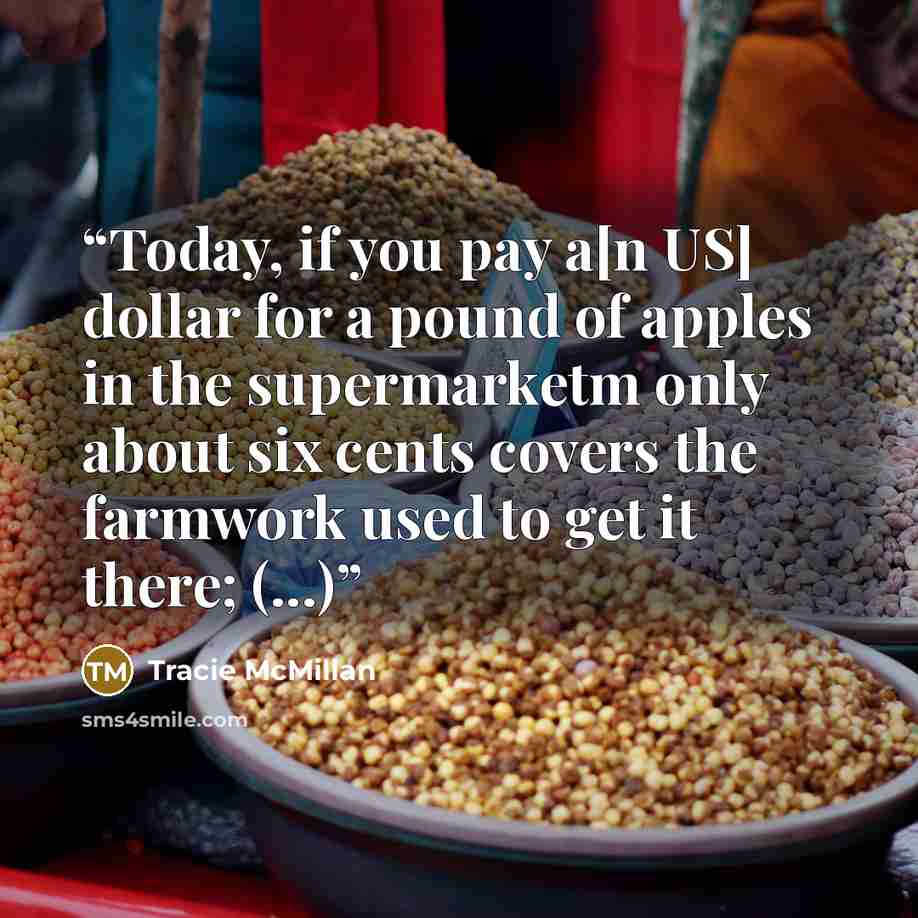 “Today, if you pay a[n US] dollar for a pound of apples in the supermarketm only about six cents covers the farmwork used to get it there; (...)” quote by Tracie McMillan