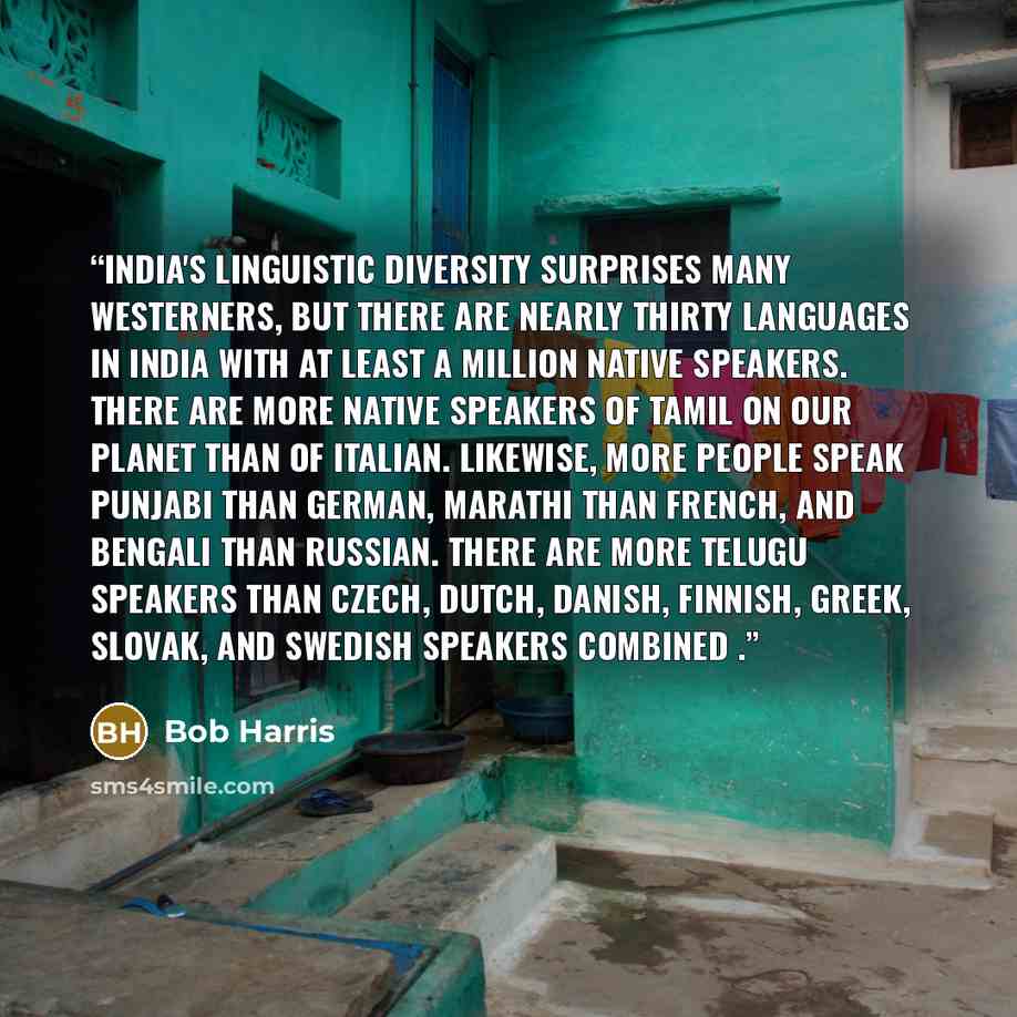 “India's linguistic diversity surprises many Westerners, but there are nearly thirty languages in India with at least a million native speakers. There are more native speakers of Tamil on our planet than of Italian. Likewise, more people speak Punjabi than German, Marathi than French, and Bengali…” quote by Bob Harris