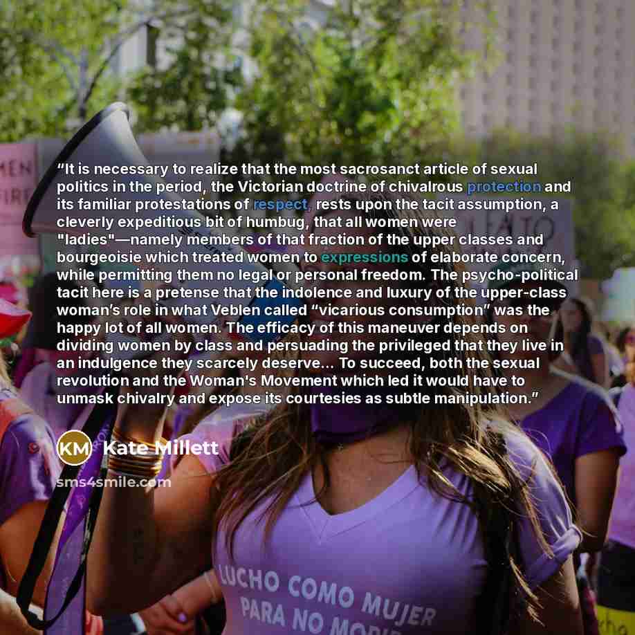 “It is necessary to realize that the most sacrosanct article of sexual politics in the period, the Victorian doctrine of chivalrous protection and its familiar protestations of respect, rests upon the tacit assumption, a cleverly expeditious bit of humbug, that all women were "ladies"—namely…” quote by Kate Millett