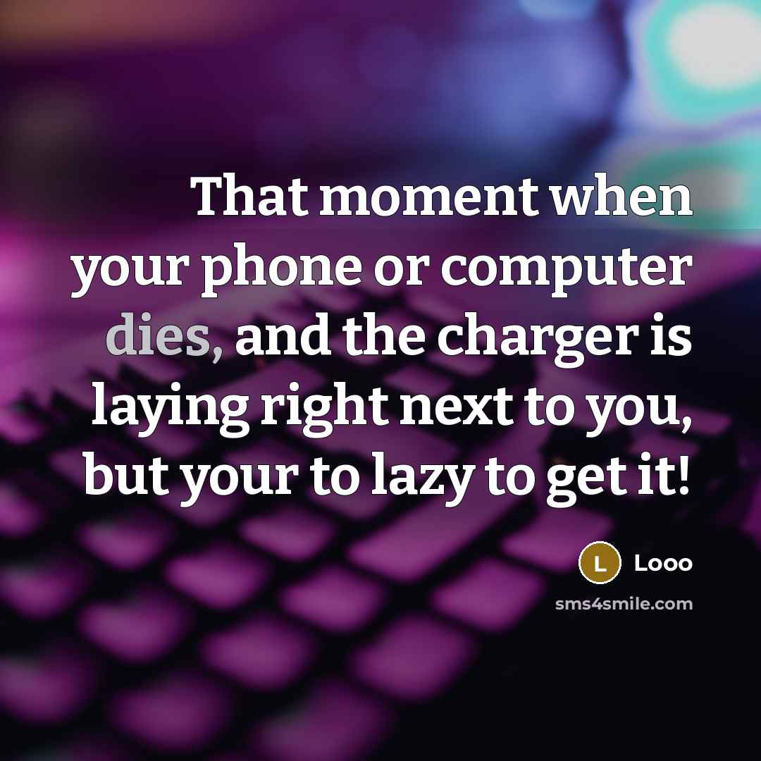 “That moment when your phone or computer dies, and the charger is laying right next to you, but your to lazy to get it!” quote by Looo