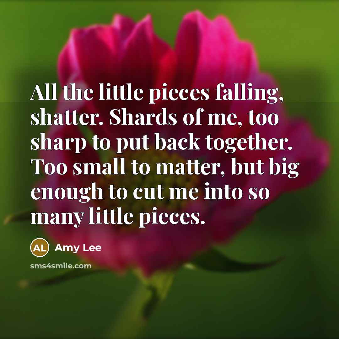“All the little pieces falling, shatter. Shards of me, too sharp to put back together. Too small to matter, but big enough to cut me into so many little pieces.” quote by Amy Lee