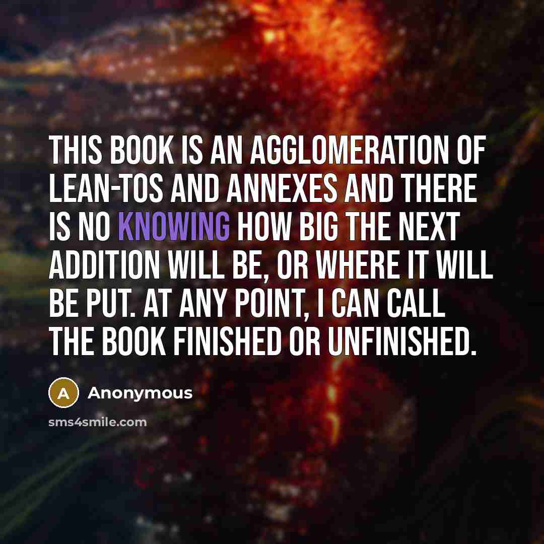 “This book is an agglomeration of lean-tos and annexes and there is no knowing how big the next addition will be, or where it will be put. At any point, I can call the book finished or unfinished.” quote by Anonymous