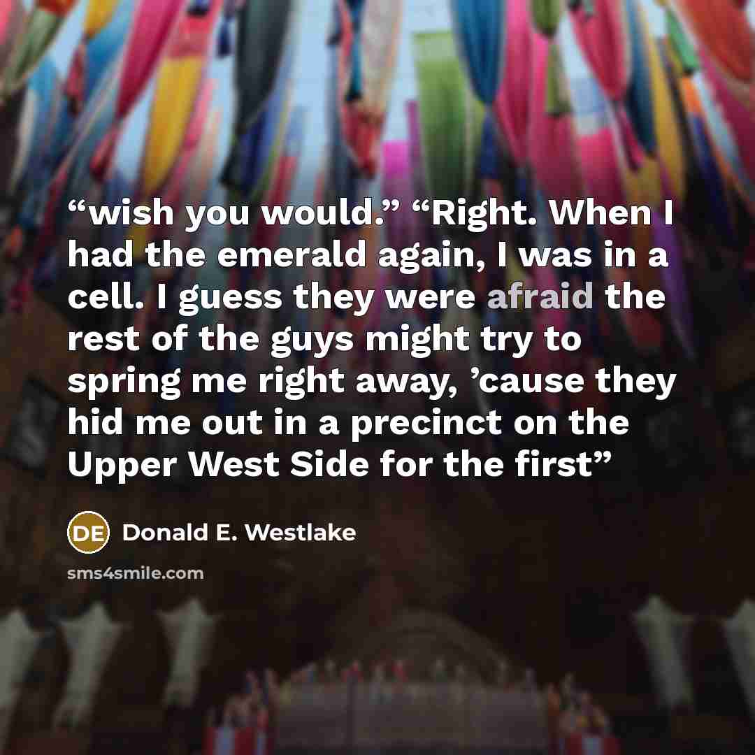 “wish you would.” “Right. When I had the emerald again, I was in a cell. I guess they were afraid the rest of the guys might try to spring me right away, ’cause they hid me out in a precinct on the Upper West Side for the first” quote by Donald E. Westlake