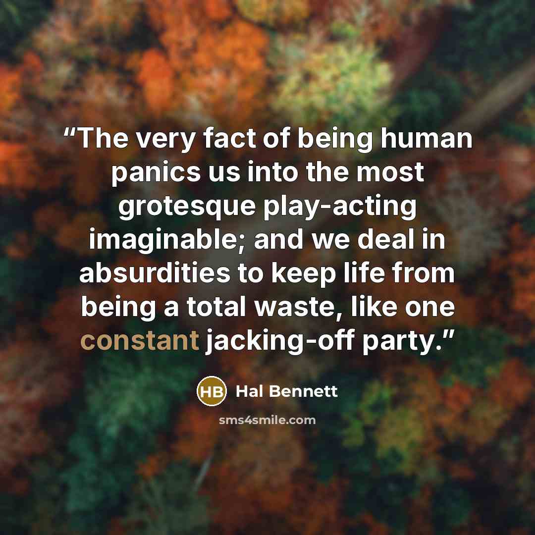 “The very fact of being human panics us into the most grotesque play-acting imaginable; and we deal in absurdities to keep life from being a total waste, like one constant jacking-off party.” quote by Hal Bennett
