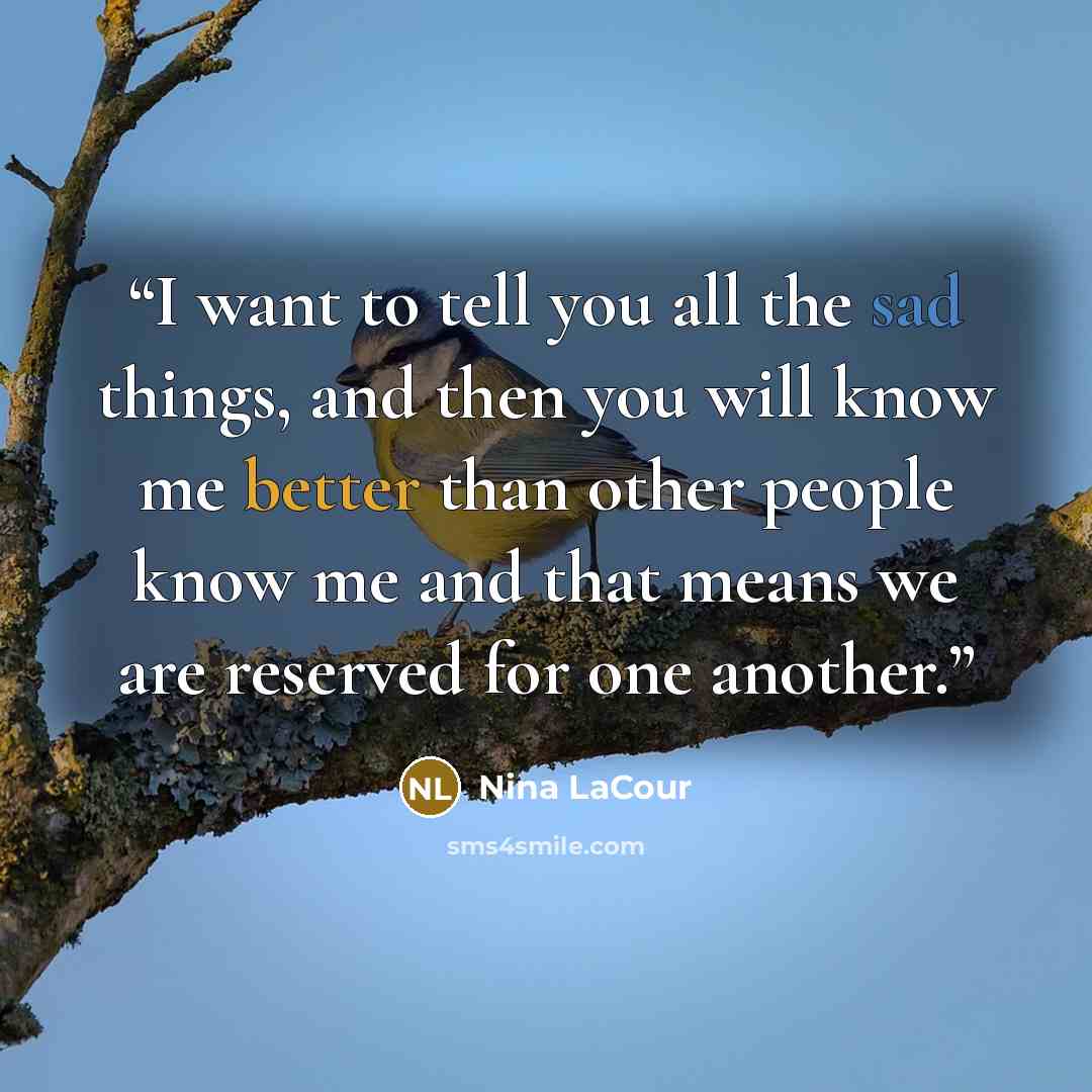“I want to tell you all the sad things, and then you will know me better than other people know me and that means we are reserved for one another.” quote by Nina LaCour