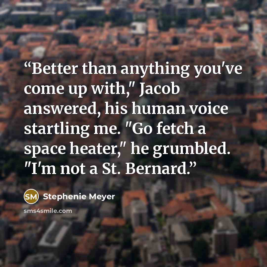 “Better than anything you've come up with," Jacob answered, his human voice startling me. "Go fetch a space heater," he grumbled. "I'm not a St. Bernard.” quote by Stephenie Meyer