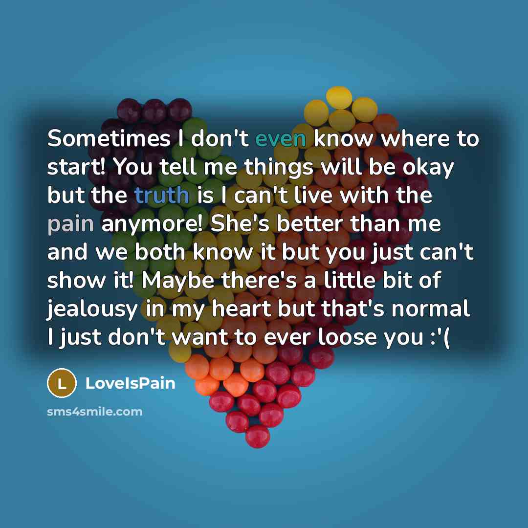 “Sometimes I don't even know where to start! You tell me things will be okay but the truth is I can't live with the pain anymore! She's better than me and we both know it but you just can't show it! Maybe there's a little bit of jealousy in my heart but that's normal I just don't want to ever loose…” quote by LoveIsPain